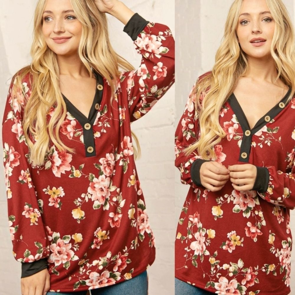 Burgundy V-Neck Floral Top